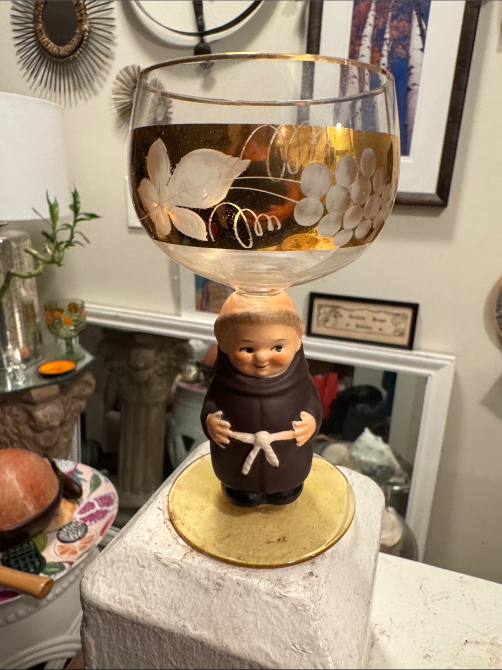 Goebel Hummel Brown Monk FriarTuck Figurine Glass with Gold-Trimmed Bowl